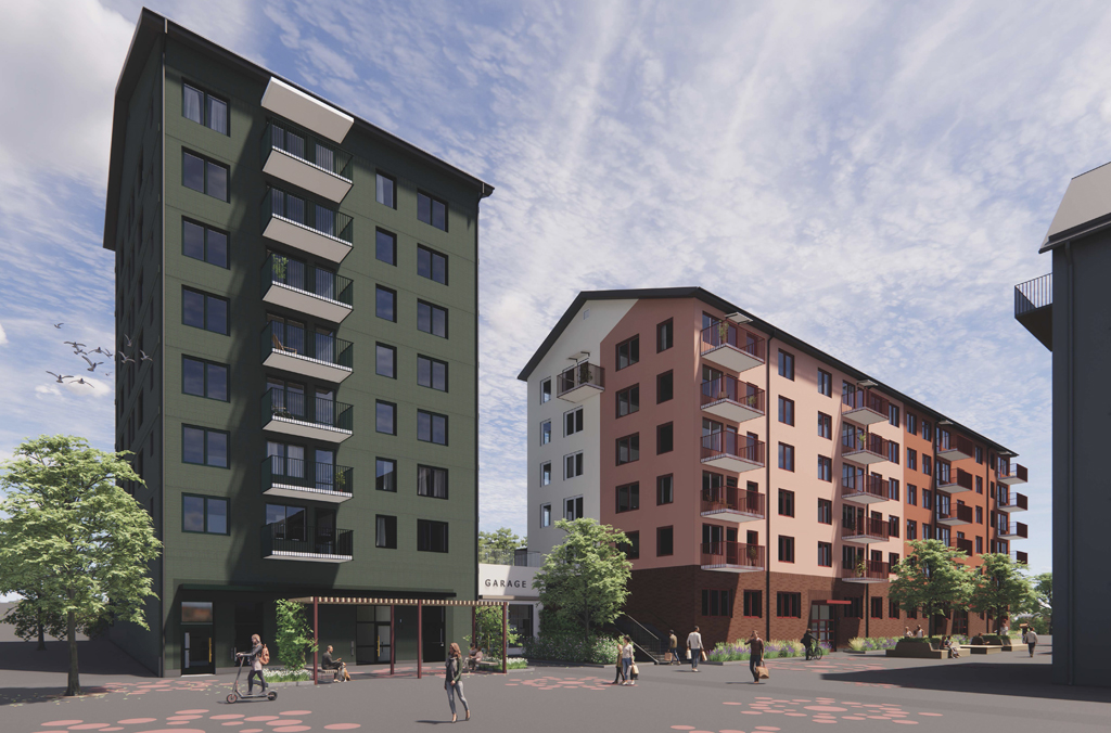 Illustration av två flerbostadshus bredvid varandra.